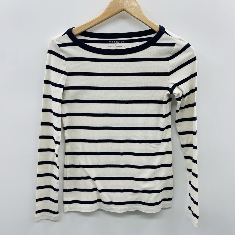 Talbots Petite Womens P Long Sleeve Striped Stretch Weekend Tee Blue/White 2052